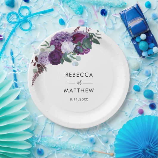 Paarse Bloemen Waterverf Script Huwelijksreceptie Papieren Bordje (Feest)