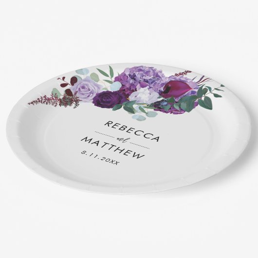 Paarse Bloemen Waterverf Script Huwelijksreceptie Papieren Bordje (Gekanteld)