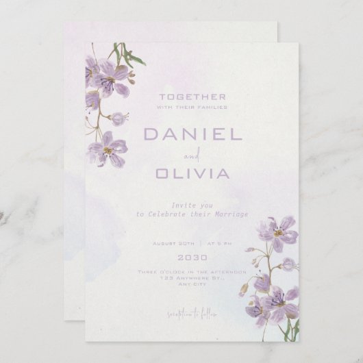 Paarse Bloemen Waterverf Stijl bruiloft Kaart (Voorkant / Achterkant)