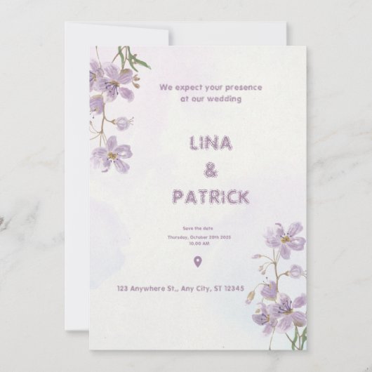 Paarse Bloemen Waterverf Stijl Huwelijksuitnodigin Kaart (Voorkant)