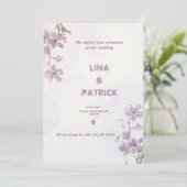 Paarse Bloemen Waterverf Stijl Huwelijksuitnodigin Kaart (Staand voorkant)