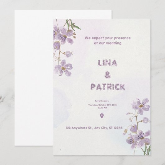 Paarse Bloemen Waterverf Stijl Huwelijksuitnodigin Kaart (Voorkant / Achterkant)