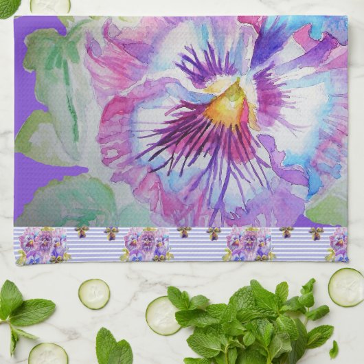 Paarse bloemen Waterverf Tea Towel Theedoek (Gevouwen)