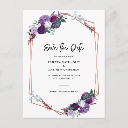 Paarse Bloemen Waterverf Trouwen Save the Date Aankondigingskaart (Voorkant)