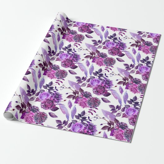 Paarse bloemen waterverf Violet floral Botanical Cadeaupapier (Uitgerold)