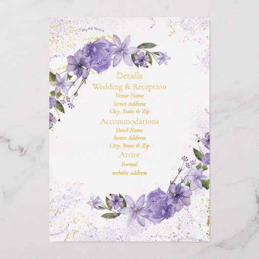 Paarse Bloemen Wedding Folie Detail Kaart (Voorkant)