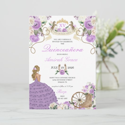 Paarse bloemen Western cowgirl quinceañera Kaart (Staand voorkant)