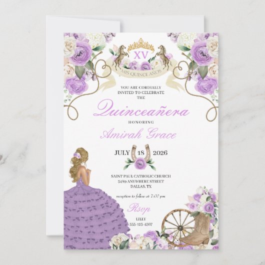 Paarse Bloemen Westerse Cowgirl Quinceañera Kaart (Voorkant)