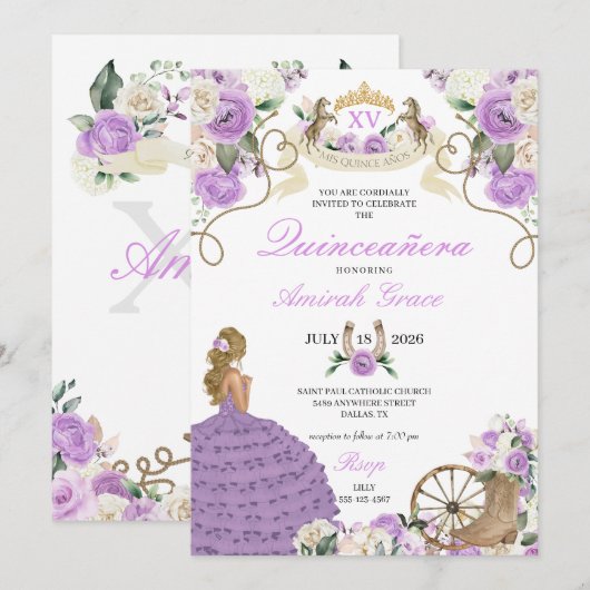 Paarse Bloemen Westerse Cowgirl Quinceañera Kaart (Voorkant / Achterkant)