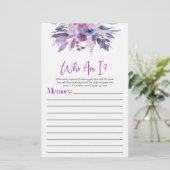 Paarse Bloemen Wie ben ik Vrijgezellenfeest spel Briefpapier (Staand voorkant)