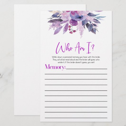 Paarse Bloemen Wie ben ik Vrijgezellenfeest spel Briefpapier (Voorkant / Achterkant)