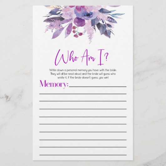Paarse Bloemen Wie ben ik Vrijgezellenfeest spel Briefpapier (Voorkant)