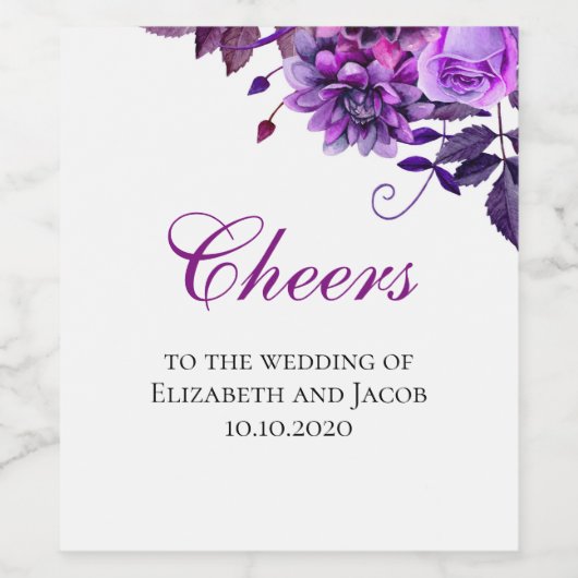 Paarse bloemen wijnglas. Proost op het huwelijk Wijn Etiket (Enkel label)