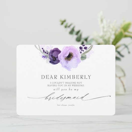 Paarse Bloemen Wil Je Mijn Bruidsmeisje Zijn Aanzo Kaart (Staand voorkant)