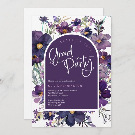 Paarse Bloemen Wildbloemen Afstudeerder Feestuitno Kaart (Voorkant / Achterkant)