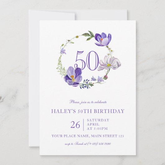 Paarse Bloemen Wildflower 50E Verjaardag Kaart (Voorkant)