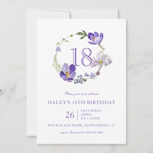 Paarse Bloemen Wildflower Elegant 18e Verjaardag Kaart (Voorkant)