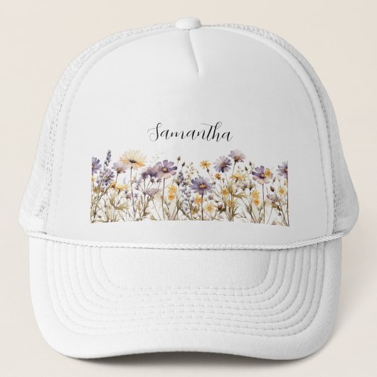 Paarse Bloemen Wildflower Naam Trucker Pet (Voorkant)