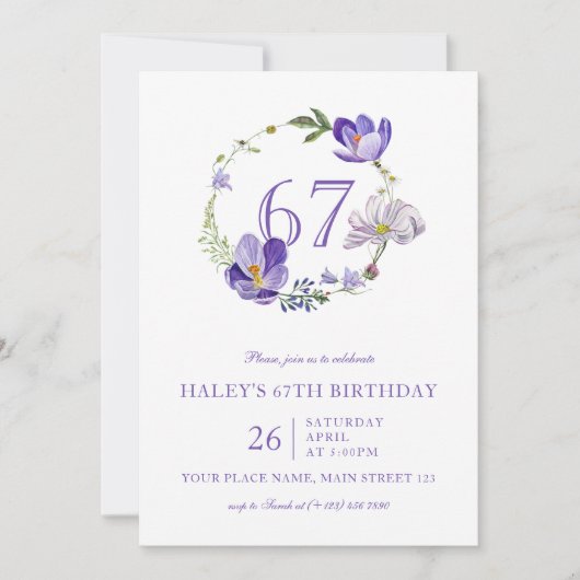 Paarse Bloemen Wildflower Vintage 67E Verjaardag Kaart (Voorkant)