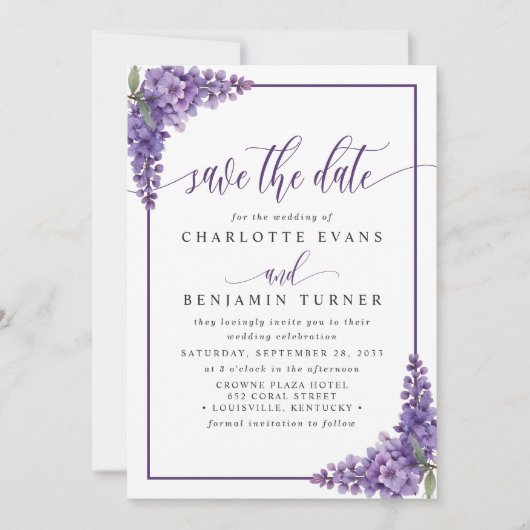 Paarse bloemen Wisteria Corners Sla de datum Kaart (Voorkant)