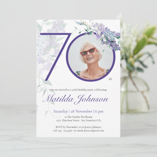 Paarse Bloemen Wisteria Custom Foto 70e Verjaardag Kaart (Staand voorkant)