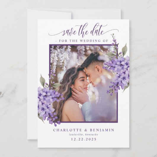 Paarse Bloemen Wisteria Foto Sla de datum Kaart (Voorkant)