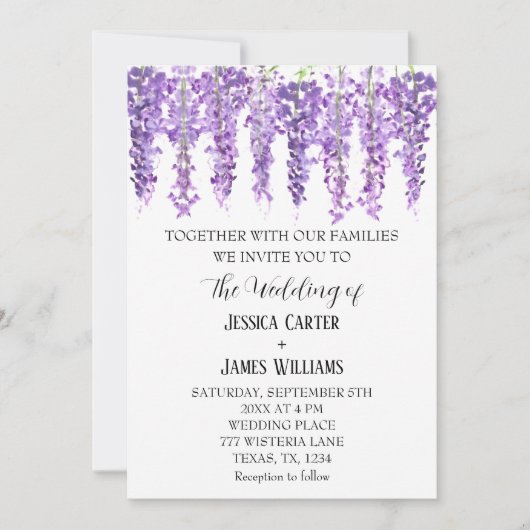 Paarse Bloemen Wisteria Waterverf Lavendel Bruilof Kaart (Voorkant)