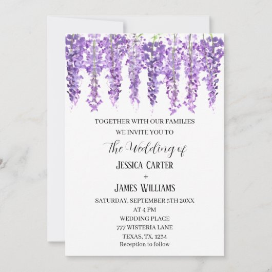 Paarse Bloemen Wisteria Waterverf Lavendel Bruilof Kaart (Voorkant)