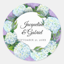 Paarse Bloemen Wit Hydrangea Leaf Damask Bruiloft Ronde Sticker