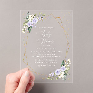 Paarse Bloemen, Witte Bloemen, Boho, Baby Shower Acryl Uitnodigingen