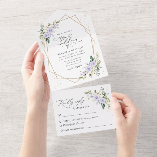 Paarse bloemen, witte bloemen, boho, bruiloft all in one uitnodiging (Afscheurbaar)