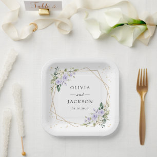 Paarse bloemen, witte bloemen, boho, bruiloft papieren bordje