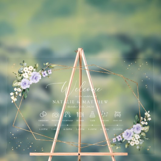 Paarse bloemen, witte bloemen, bruiloft tijdlijn acryl bord (Neutraal)