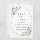 Paarse bloemen, witte bloemen, groen, bruiloft save the date (Voorkant)