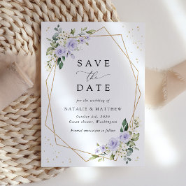 Paarse bloemen, witte bloemen, groen, bruiloft save the date