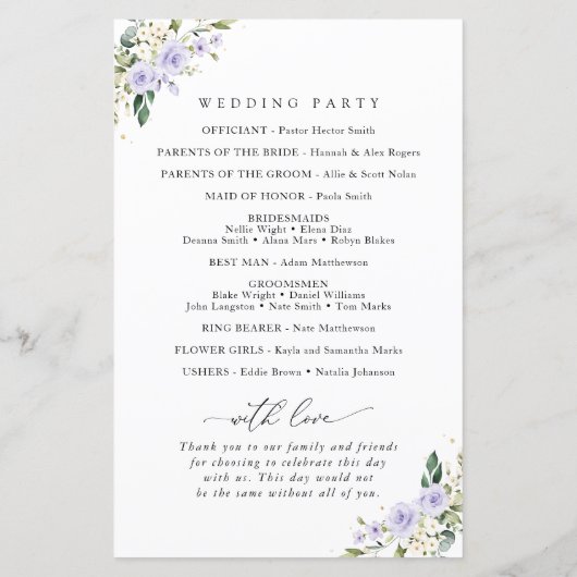 Paarse bloemen, witte bloemen, huwelijksprogramma (Achterkant)