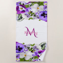 Paarse bloemen witte monogram strandlaken