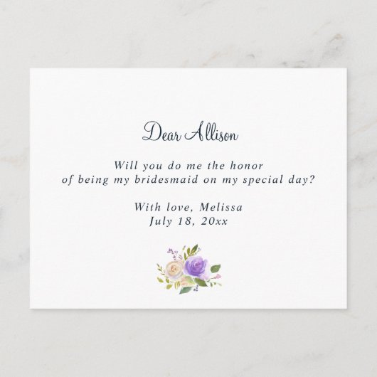 paarse Bloemen zal je mijn bruidsmeisje kaart (Achterkant)