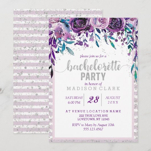 Paarse Bloemen Zilver Bachelorette Feestuitnodigin Kaart (Voorkant / Achterkant)