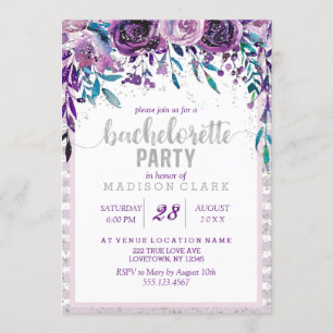 Paarse Bloemen Zilver Bachelorette Feestuitnodigin Kaart