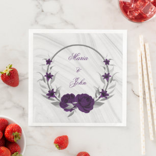 paarse bloemen zilver botanische krans marmer servet