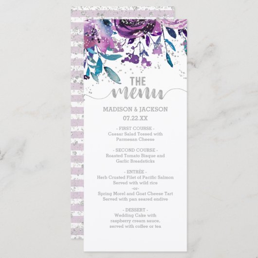 Paarse Bloemen & Zilver Confetti Bruiloft Menu (Voorkant / Achterkant)