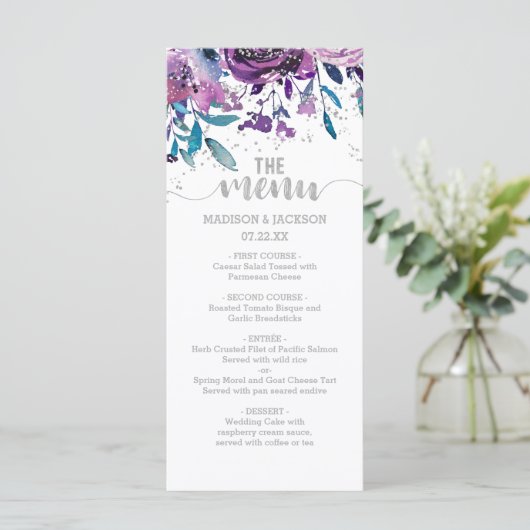 Paarse Bloemen & Zilver Confetti Bruiloft Menu (Staand voorkant)