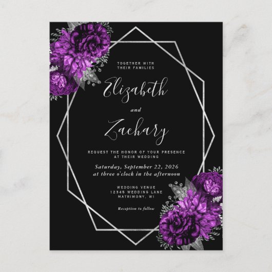 Paarse Bloemen Zilver Geometrische Lijst Zwarte Hu Briefkaart (Voorkant)