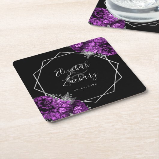 Paarse Bloemen Zilver Geometrische Zwarte Huwelijk Kartonnen Onderzetters (Schuin)