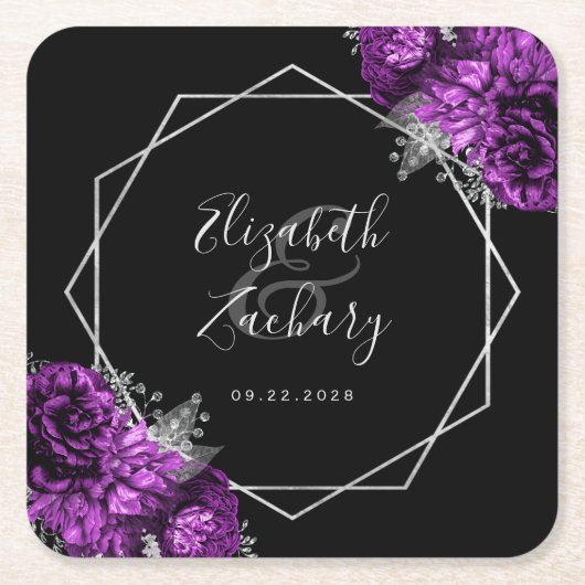 Paarse Bloemen Zilver Geometrische Zwarte Huwelijk Kartonnen Onderzetters (Voorkant)