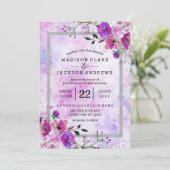 Paarse Bloemen & Zilver Lijst bruiloft uitnodiging (Staand voorkant)