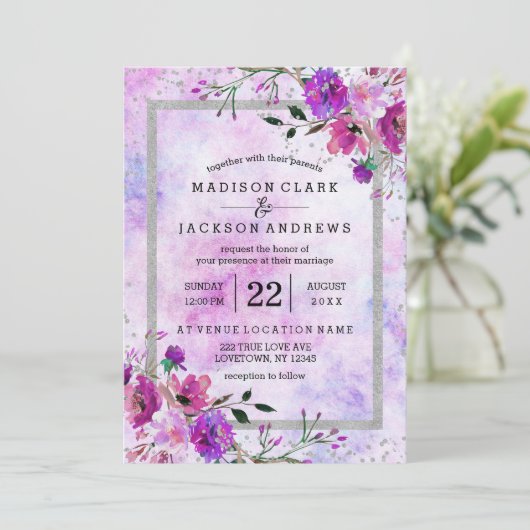 Paarse Bloemen & Zilver Lijst bruiloft uitnodiging (Staand voorkant)