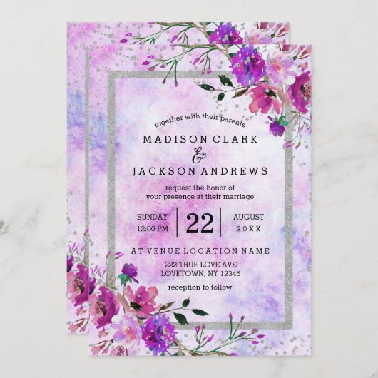 Paarse Bloemen & Zilver Lijst bruiloft uitnodiging (Voorkant / Achterkant)