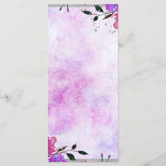 Paarse Bloemen & Zilver Lijst Confetti Bruiloft Me Menu (Achterkant)